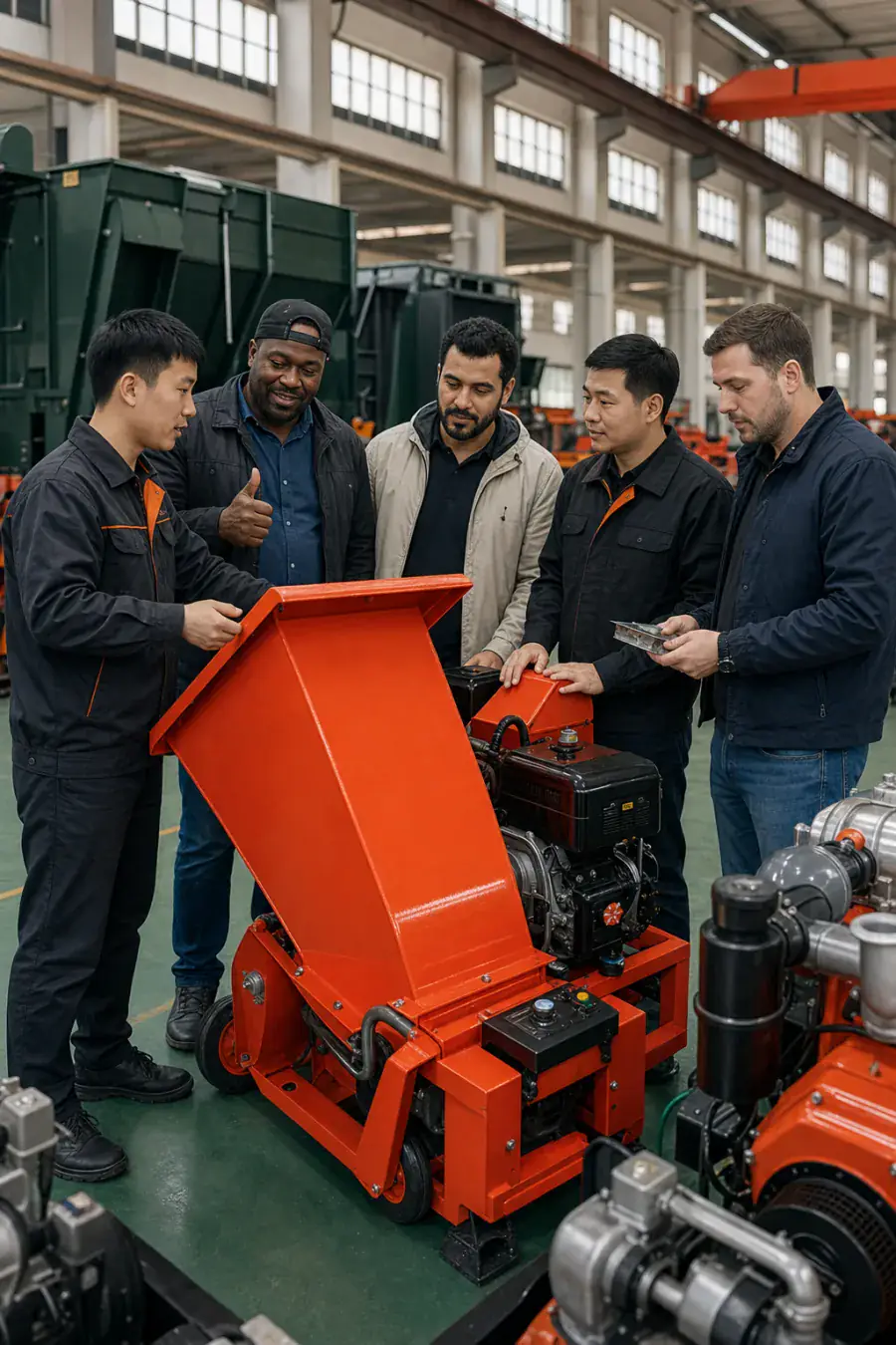 International customers approving machinery quality during factory inspection