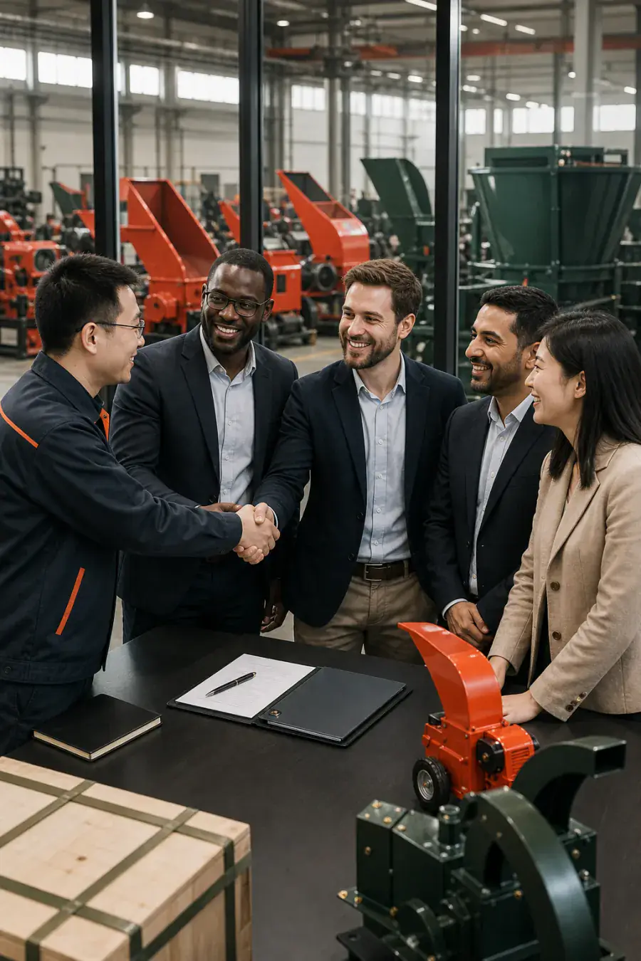 International buyers closing an export machinery order at the factory