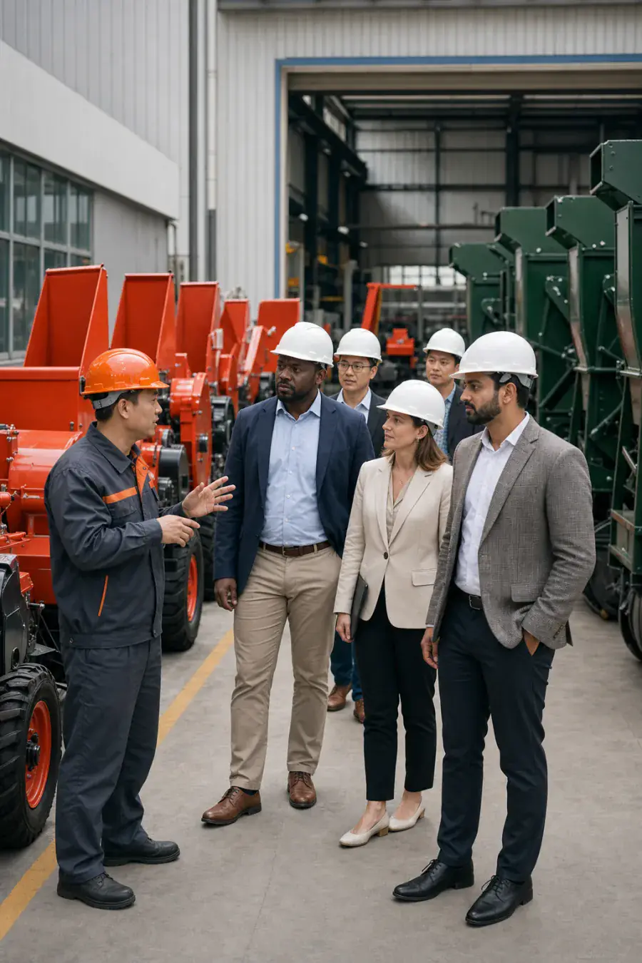 International customers visiting the machinery factory with Chinese engineers