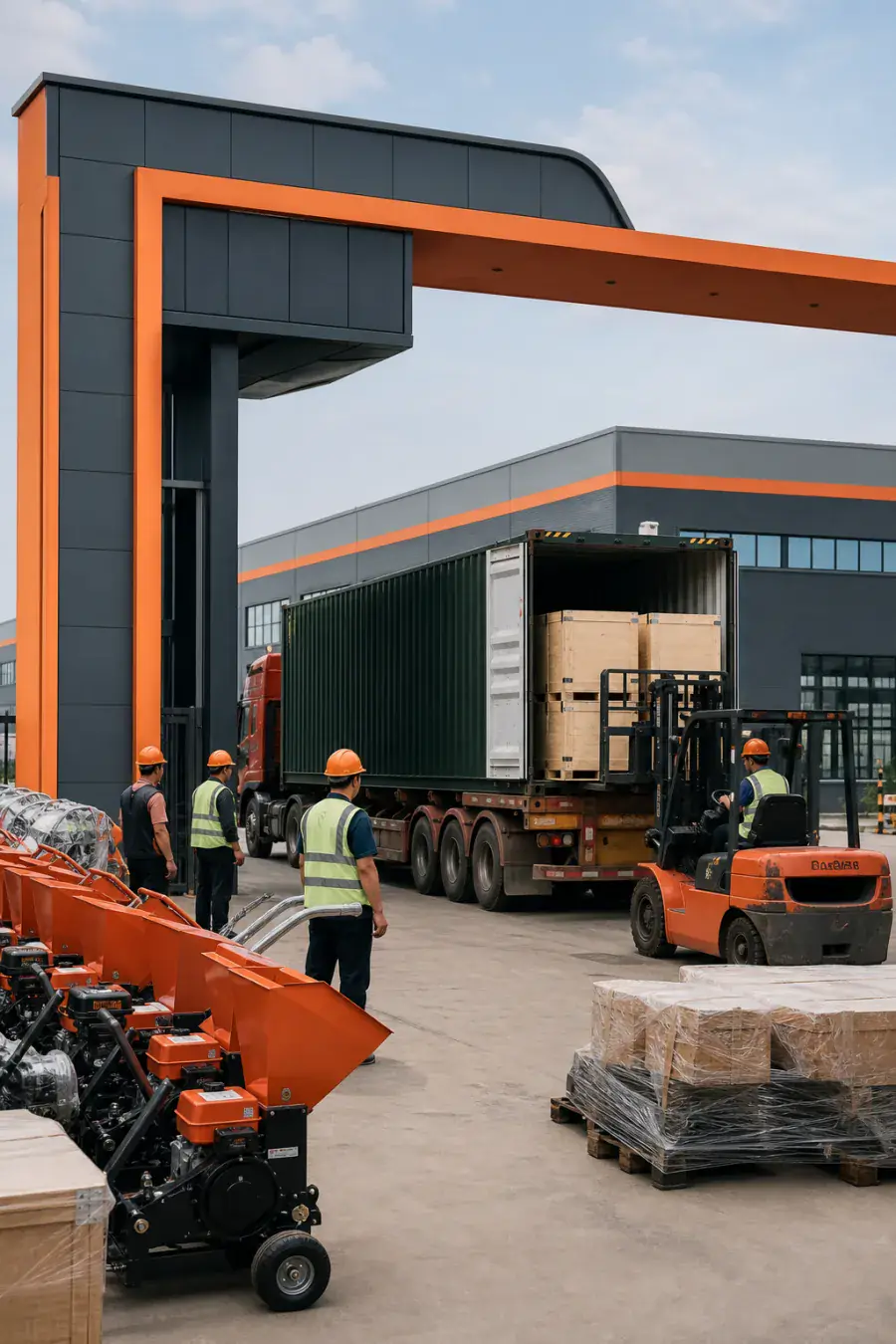 Factory gate loading scene for export machinery shipment