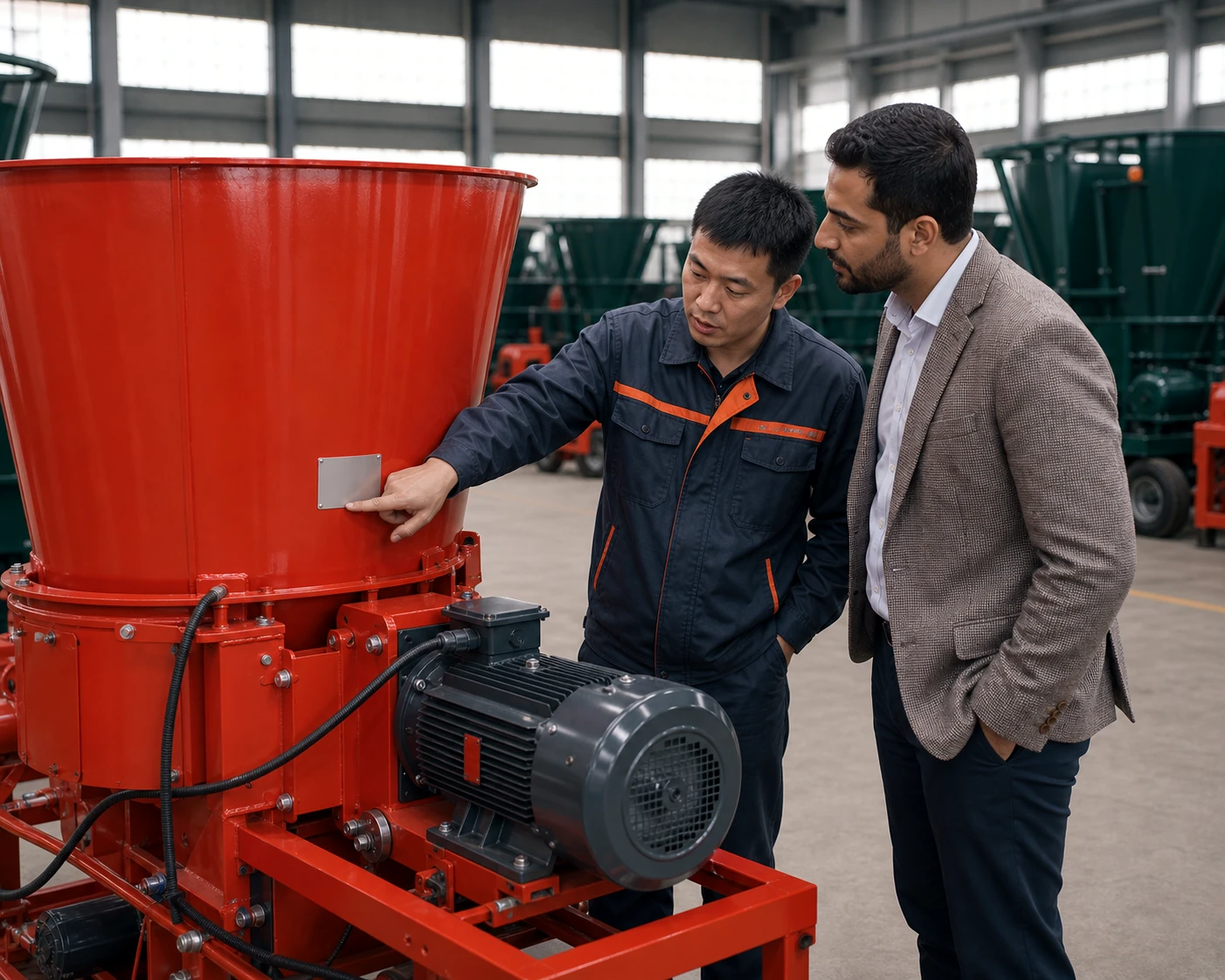 Engineer and buyer checking a custom red feed mixer in the factory