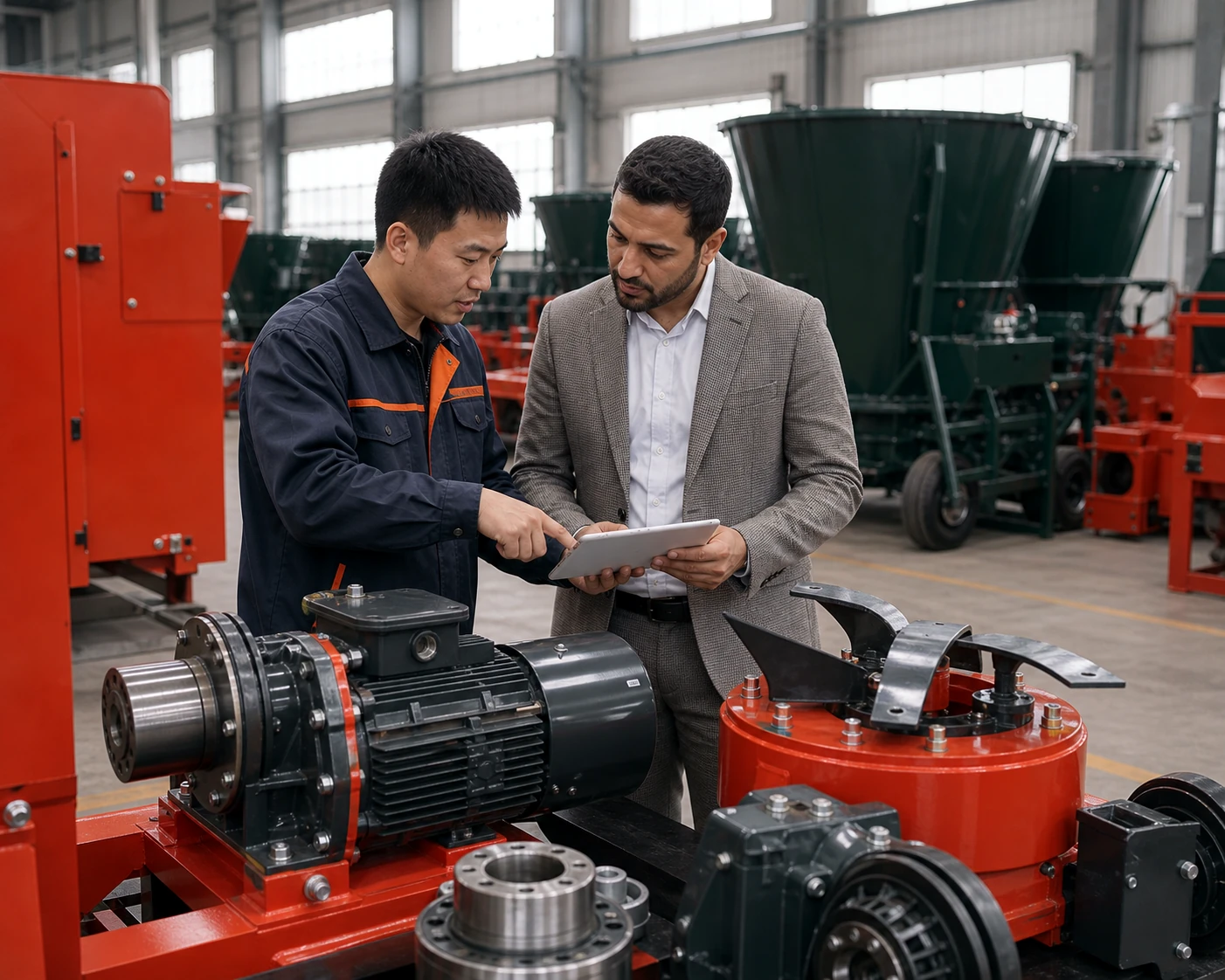 Engineer checking machine motor and cutter details with a buyer