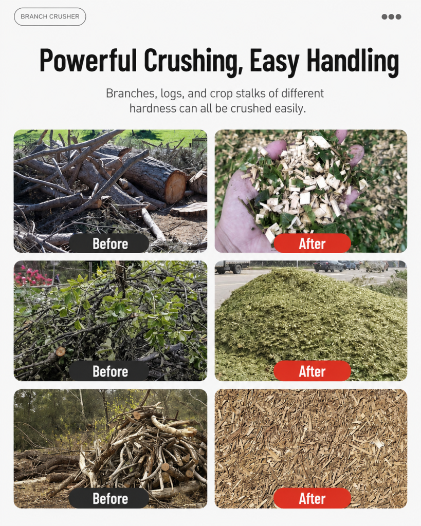 Heavy-Duty Branch Crusher before and after crushing